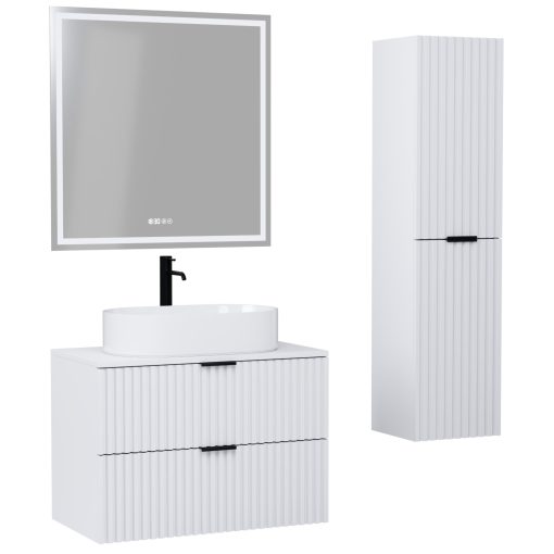 HD Rapallo Matt White 80 komplett fürdőszoba bútor szett fali mosdószekrénnyel, matt fekete fogantyúval, matt fehér mosdópulttal, tükörrel és magasszekrénnyel