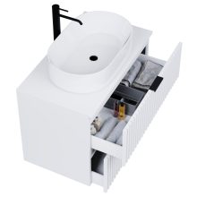 HD Rapallo Matt White 80 komplett fürdőszoba bútor szett fali mosdószekrénnyel, matt fekete fogantyúval, matt fehér mosdópulttal, tükörrel és magasszekrénnyel