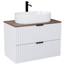 HD Rapallo Matt White 80 komplett fürdőszoba bútor szett fali mosdószekrénnyel, matt fekete fogantyúval, tölgyfa színű mosdópulttal, tükörrel és magasszekrénnyel