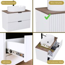 HD Rapallo Matt White 80 komplett fürdőszoba bútor szett fali mosdószekrénnyel, matt fekete fogantyúval, tölgyfa színű mosdópulttal, tükörrel és magasszekrénnyel