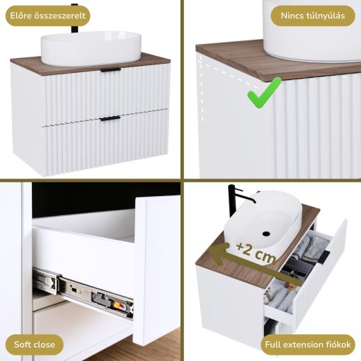 HD Rapallo Matt White 80 komplett fürdőszoba bútor szett fali mosdószekrénnyel, matt fekete fogantyúval, tölgyfa színű mosdópulttal, tükörrel és magasszekrénnyel