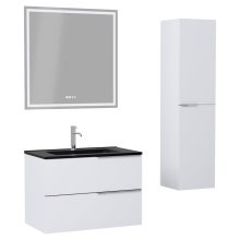 HD Cremona Matt White 80 komplett fürdőszoba bútor szett fali mosdószekrénnyel, fényes króm fogantyúkkal, matt fekete slim mosdóval, tükörrel és magasszekrénnyel
