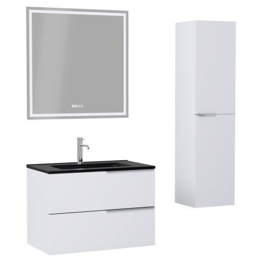 HD Cremona Matt White 80 komplett fürdőszoba bútor szett fali mosdószekrénnyel, fényes króm fogantyúkkal, matt fekete slim mosdóval, tükörrel és magasszekrénnyel