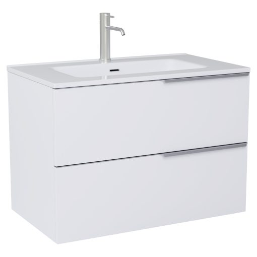 HD Cremona Matt White 80 komplett fürdőszoba bútor szett fali mosdószekrénnyel, szálcsiszolt króm fogantyúkkal, fényes fehér slim mosdóval, tükörrel és magasszekrénnyel