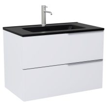 HD Cremona Matt White 80 komplett fürdőszoba bútor szett fali mosdószekrénnyel, szálcsiszolt króm fogantyúkkal, matt fekete slim mosdóval, tükörrel és magasszekrénnyel