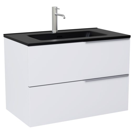 HD Cremona Matt White 80 komplett fürdőszoba bútor szett fali mosdószekrénnyel, szálcsiszolt króm fogantyúkkal, matt fekete slim mosdóval, tükörrel és magasszekrénnyel