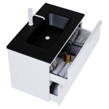 HD Cremona Matt White 80 komplett fürdőszoba bútor szett fali mosdószekrénnyel, matt fehér fogantyúkkal, matt fekete slim mosdóval, tükörrel és magasszekrénnyel