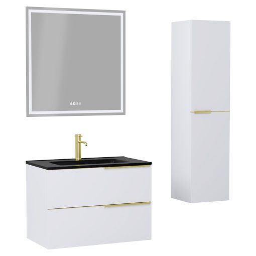 HD Cremona Matt White 80 komplett fürdőszoba bútor szett fali mosdószekrénnyel, szálcsiszolt arany fogantyúkkal, matt fekete slim mosdóval, tükörrel és magasszekrénnyel