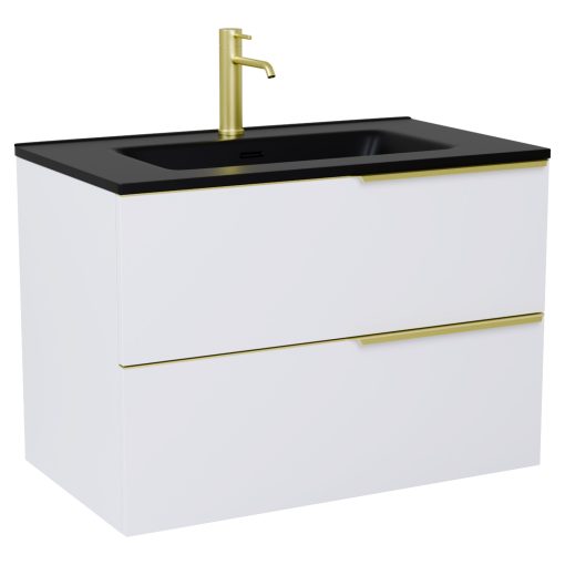 HD Cremona Matt White 80 komplett fürdőszoba bútor szett fali mosdószekrénnyel, szálcsiszolt arany fogantyúkkal, matt fekete slim mosdóval, tükörrel és magasszekrénnyel