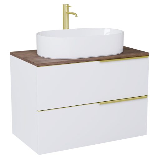 HD Carona Matt White 80 fali mosdószekrény tölgyfa színű mosdópulttal és szálcsiszolt arany fogantyúkkal