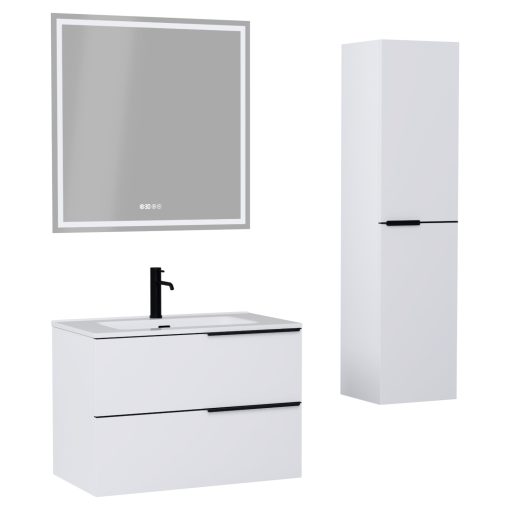 HD Cremona Matt White 80 komplett fürdőszoba bútor szett fali mosdószekrénnyel, matt fekete fogantyúkkal, fényes fehér slim mosdóval, tükörrel és magasszekrénnyel