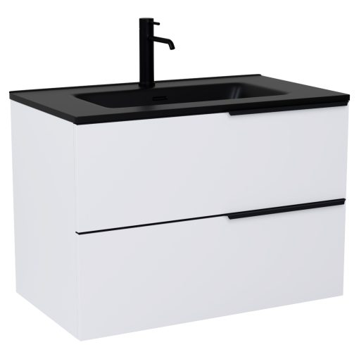 HD Cremona Matt White 80 komplett fürdőszoba bútor szett fali mosdószekrénnyel, matt fekete fogantyúkkal, matt fekete slim mosdóval, tükörrel és magasszekrénnyel