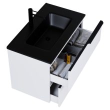 HD Cremona Matt White 80 komplett fürdőszoba bútor szett fali mosdószekrénnyel, matt fekete fogantyúkkal, matt fekete slim mosdóval, tükörrel és magasszekrénnyel