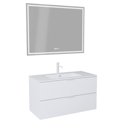 HD Palermo Matt White 100 komplett fürdőszoba bútor fali mosdószekrénnyel, matt fehér fogantyúkkal és tükörrel