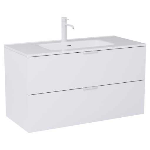 HD Palermo Matt White 100 komplett fürdőszoba bútor fali mosdószekrénnyel, matt fehér fogantyúkkal és tükörrel