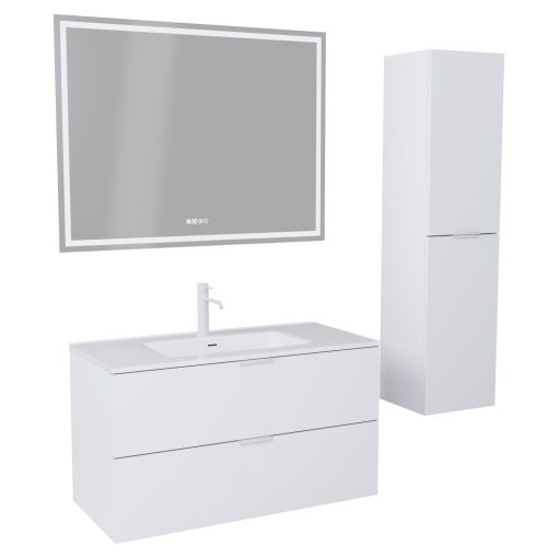 HD Palermo Matt White 100 komplett fürdőszoba bútor szett fali mosdószekrénnyel, matt fehér fogantyúkkal, tükörrel és magasszekrénnyel