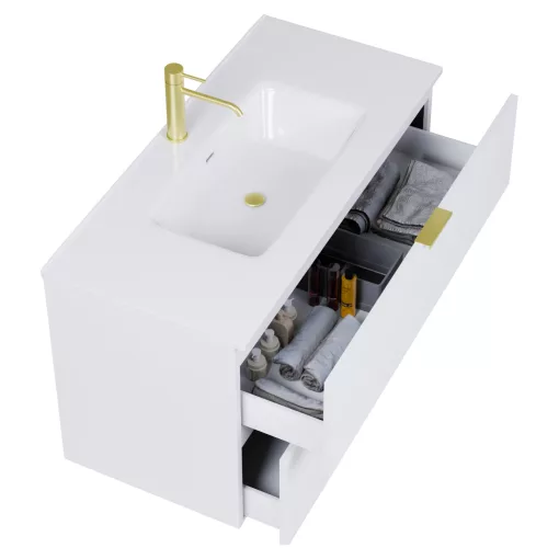 HD Palermo Matt White 100 fali mosdószekrény szálcsiszolt arany fogantyúkkal