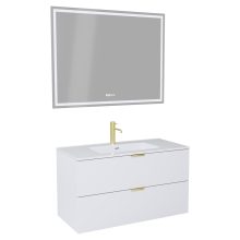 HD Palermo Matt White 100 komplett fürdőszoba bútor fali mosdószekrénnyel, szálcsiszolt arany fogantyúkkal és tükörrel