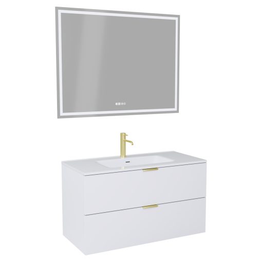 HD Palermo Matt White 100 komplett fürdőszoba bútor fali mosdószekrénnyel, szálcsiszolt arany fogantyúkkal és tükörrel