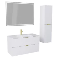 HD Palermo Matt White 100 komplett fürdőszoba bútor szett fali mosdószekrénnyel, szálcsiszolt arany fogantyúkkal, tükörrel és magasszekrénnyel