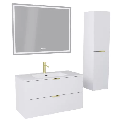 HD Palermo Matt White 100 komplett fürdőszoba bútor szett fali mosdószekrénnyel, szálcsiszolt arany fogantyúkkal, tükörrel és magasszekrénnyel