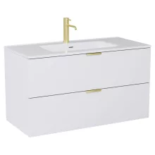 HD Palermo Matt White 100 komplett fürdőszoba bútor szett fali mosdószekrénnyel, szálcsiszolt arany fogantyúkkal, tükörrel és magasszekrénnyel