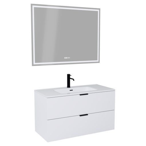 HD Palermo Matt White 100/120 komplett fürdőszoba bútor fali mosdószekrénnyel, matt fekete fogantyúkkal és tükörrel
