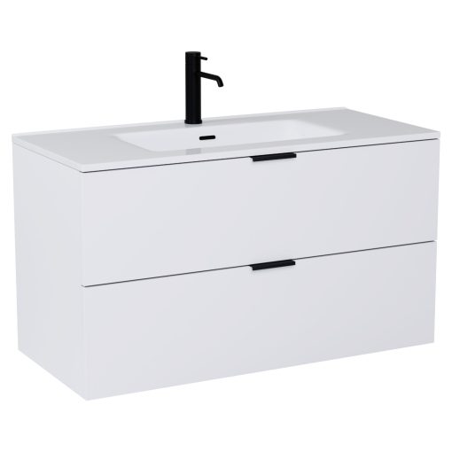 HD Palermo Matt White 100/120 komplett fürdőszoba bútor fali mosdószekrénnyel, matt fekete fogantyúkkal és tükörrel