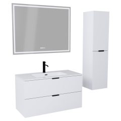   HD Palermo Matt White 100/120 komplett fürdőszoba bútor szett fali mosdószekrénnyel, matt fekete fogantyúkkal, tükörrel és magasszekrénnyel