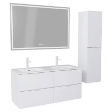 HD Palermo Matt White 120 komplett fürdőszoba bútor szett fali mosdószekrénnyel, matt fehér fogantyúkkal, tükörrel és magasszekrénnyel