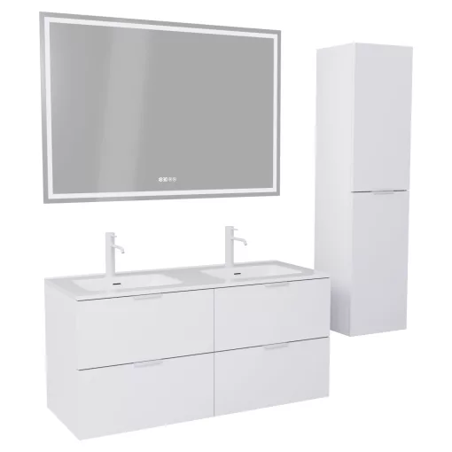 HD Palermo Matt White 120 komplett fürdőszoba bútor szett fali mosdószekrénnyel, matt fehér fogantyúkkal, tükörrel és magasszekrénnyel