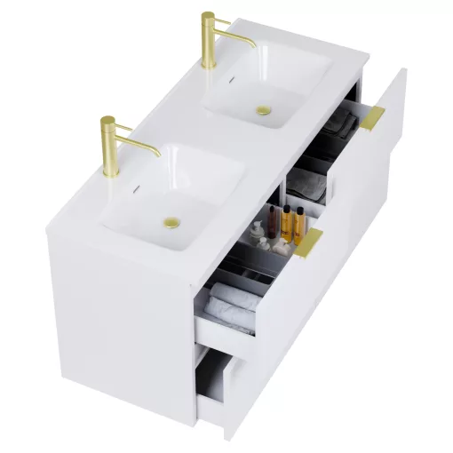 HD Palermo Matt White 120 fali mosdószekrény szálcsiszolt arany fogantyúkkal