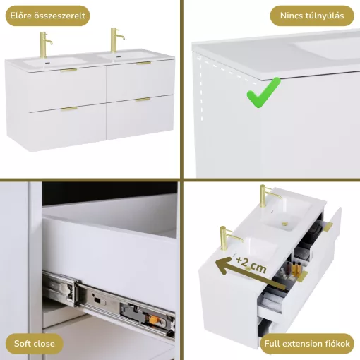 HD Palermo Matt White 120 fali mosdószekrény szálcsiszolt arany fogantyúkkal