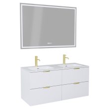 HD Palermo Matt White 120 komplett fürdőszoba bútor fali mosdószekrénnyel, szálcsiszolt arany fogantyúkkal és tükörrel