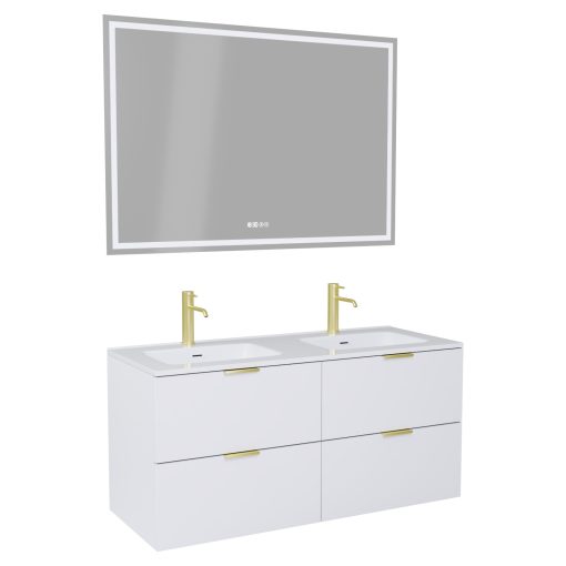 HD Palermo Matt White 120 komplett fürdőszoba bútor fali mosdószekrénnyel, szálcsiszolt arany fogantyúkkal és tükörrel