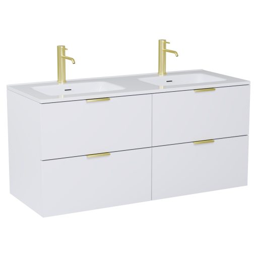 HD Palermo Matt White 120 komplett fürdőszoba bútor fali mosdószekrénnyel, szálcsiszolt arany fogantyúkkal és tükörrel