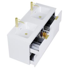 HD Palermo Matt White 120 komplett fürdőszoba bútor fali mosdószekrénnyel, szálcsiszolt arany fogantyúkkal és tükörrel