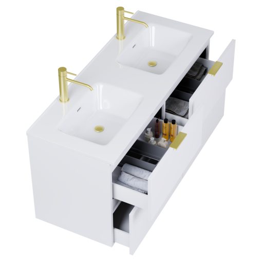 HD Palermo Matt White 120 komplett fürdőszoba bútor fali mosdószekrénnyel, szálcsiszolt arany fogantyúkkal és tükörrel