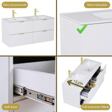 HD Palermo Matt White 120 komplett fürdőszoba bútor fali mosdószekrénnyel, szálcsiszolt arany fogantyúkkal és tükörrel