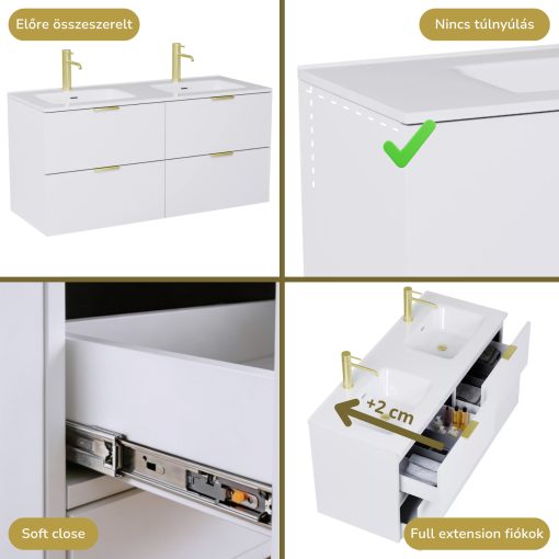 HD Palermo Matt White 120 komplett fürdőszoba bútor fali mosdószekrénnyel, szálcsiszolt arany fogantyúkkal és tükörrel