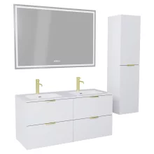 HD Palermo Matt White 120 komplett fürdőszoba bútor szett fali mosdószekrénnyel, szálcsiszolt arany fogantyúkkal, tükörrel és magasszekrénnyel