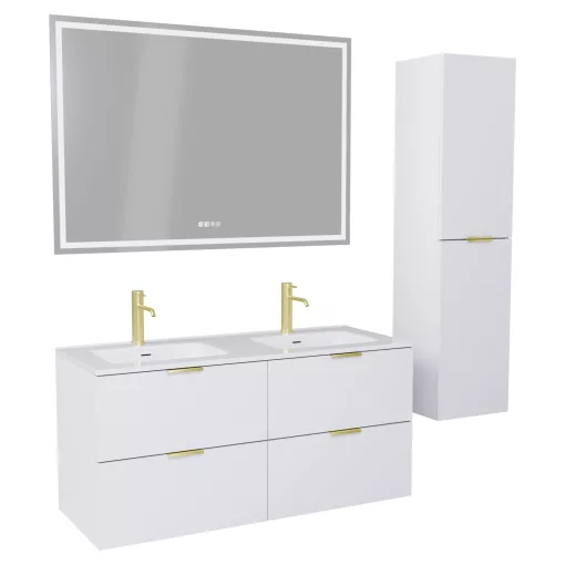 HD Palermo Matt White 120 komplett fürdőszoba bútor szett fali mosdószekrénnyel, szálcsiszolt arany fogantyúkkal, tükörrel és magasszekrénnyel