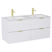 HD Palermo Matt White 120 komplett fürdőszoba bútor szett fali mosdószekrénnyel, szálcsiszolt arany fogantyúkkal, tükörrel és magasszekrénnyel