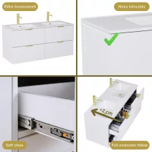 HD Palermo Matt White 120 komplett fürdőszoba bútor szett fali mosdószekrénnyel, szálcsiszolt arany fogantyúkkal, tükörrel és magasszekrénnyel