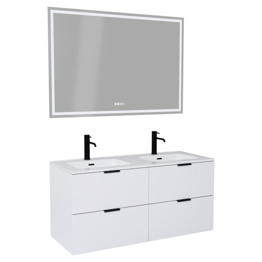 HD Palermo Matt White 120 komplett fürdőszoba bútor fali mosdószekrénnyel, matt fekete fogantyúkkal és tükörrel