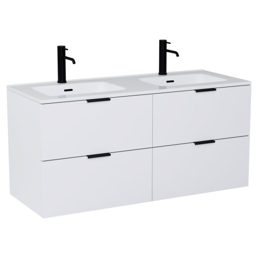 HD Palermo Matt White 120 komplett fürdőszoba bútor fali mosdószekrénnyel, matt fekete fogantyúkkal és tükörrel