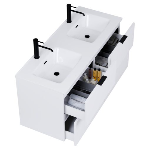 HD Palermo Matt White 120 komplett fürdőszoba bútor fali mosdószekrénnyel, matt fekete fogantyúkkal és tükörrel