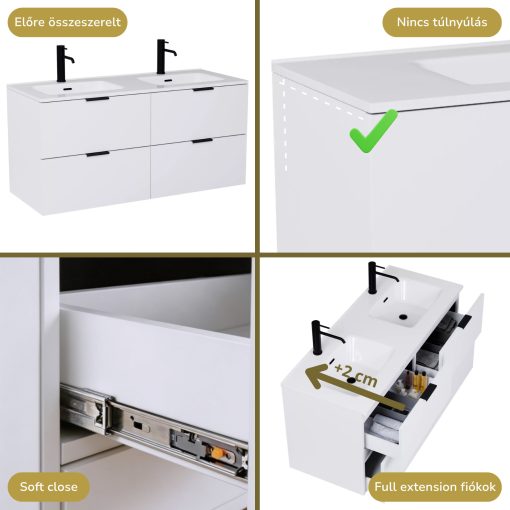 HD Palermo Matt White 120 komplett fürdőszoba bútor fali mosdószekrénnyel, matt fekete fogantyúkkal és tükörrel