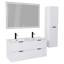 HD Palermo Matt White 120 komplett fürdőszoba bútor szett fali mosdószekrénnyel, matt fekete fogantyúkkal, tükörrel és magasszekrénnyel