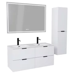   HD Palermo Matt White 120 komplett fürdőszoba bútor szett fali mosdószekrénnyel, matt fekete fogantyúkkal, tükörrel és magasszekrénnyel